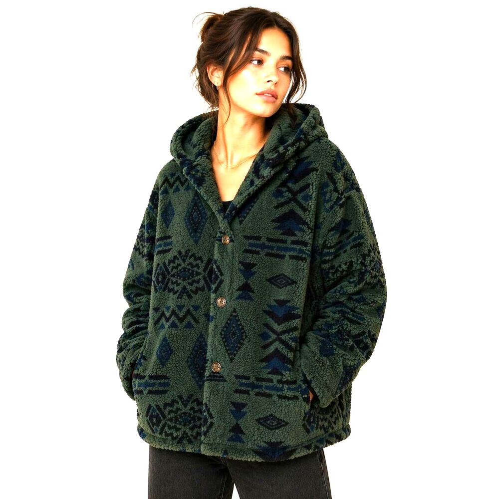 Aztec Print Sherpa Fleece Hooded Jacket Green Tribal Button-Up Sweater Size XL